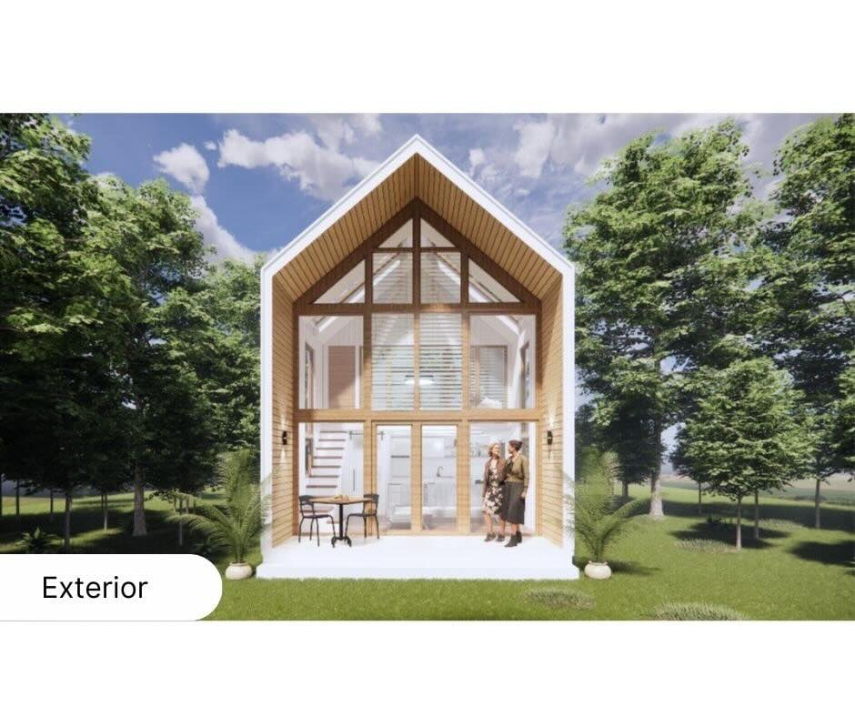 Render of a two-story cabin with a gutterless Colorbond finish, featuring seamless wall-to-roof transitions and a striking peaked arch design.