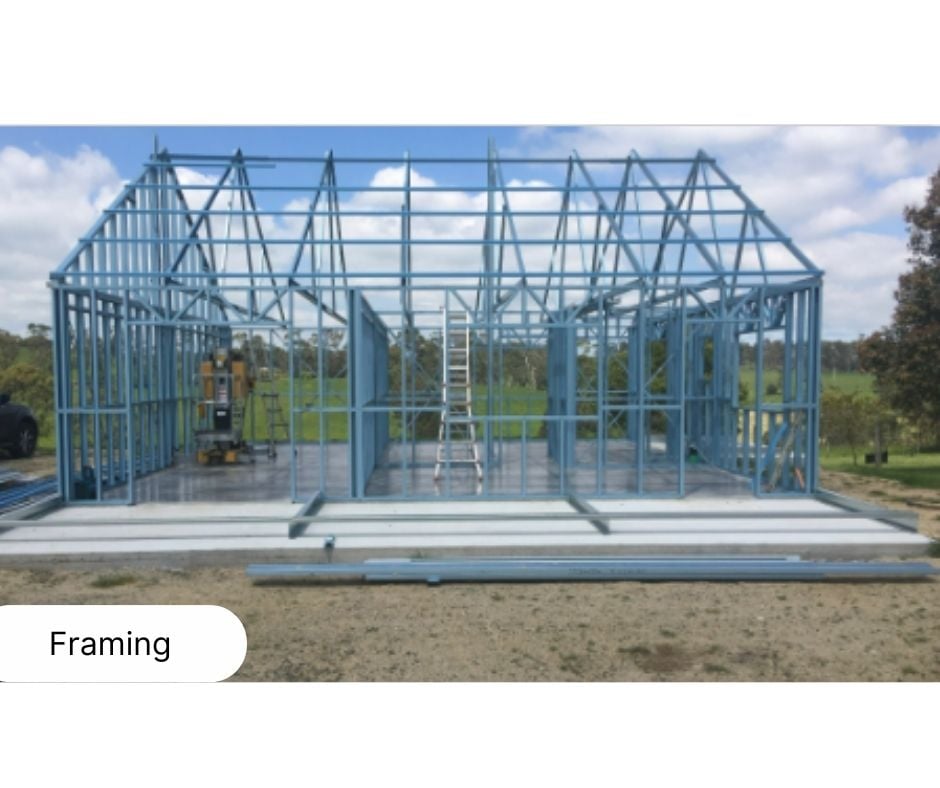 Kit house frame under construction, showcasing the basic structural outline and steel framework.